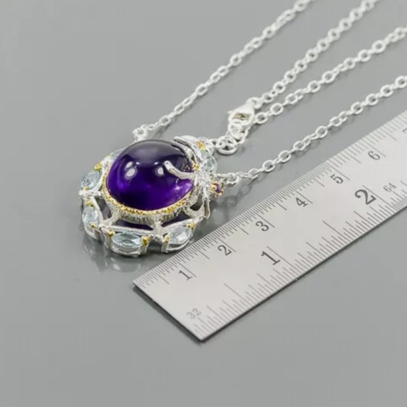 Large Amethyst & Blue Topaz Spiderweb 🕸 & 🕷 necklace Sterling Necklace - Picture 5 of 8